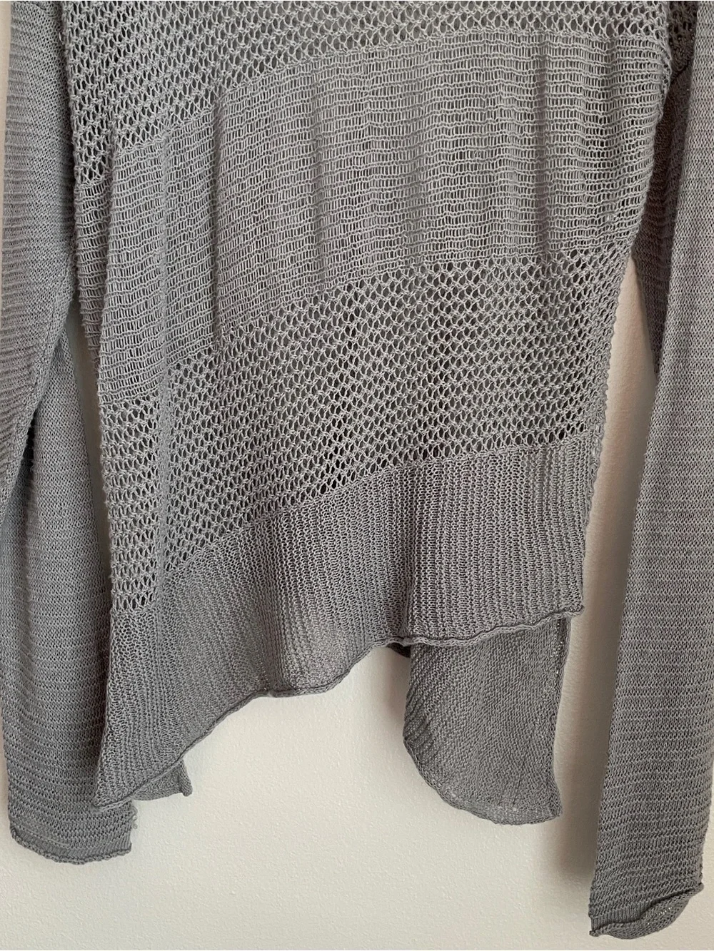 PrAna Sweater Open Knit V-Neck Gray Asymmetric Hem Mesh Panel Granola Gorpcore